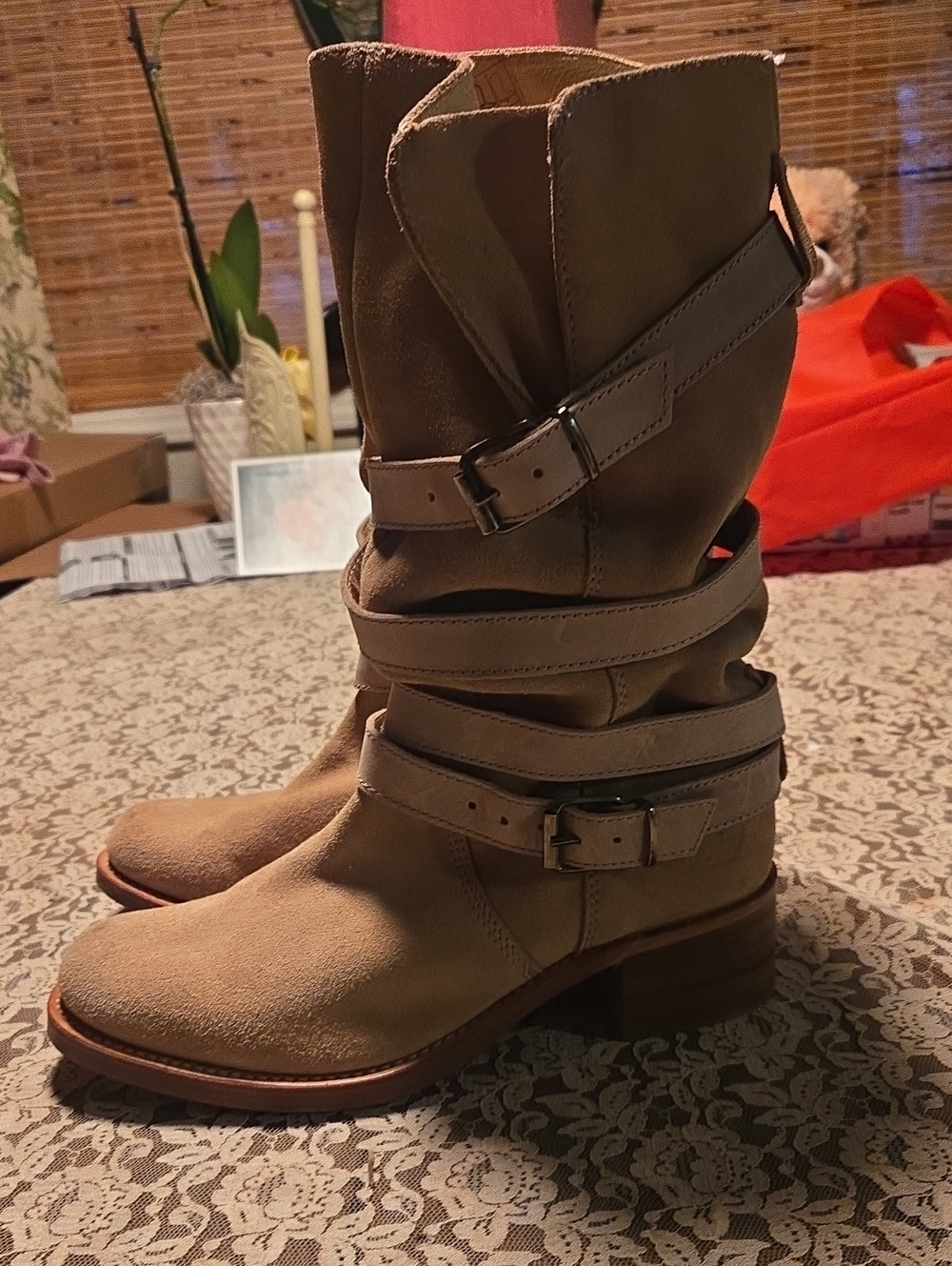Juicy Couture Tan Suede Lace-Up Buckle Mid-Calf Boots